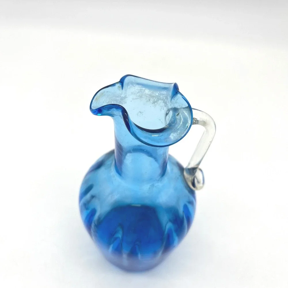 Vintage Blue Mini Blown Glass‎ Pitcher Small Art Glass Bud Vase Ruffled Spout